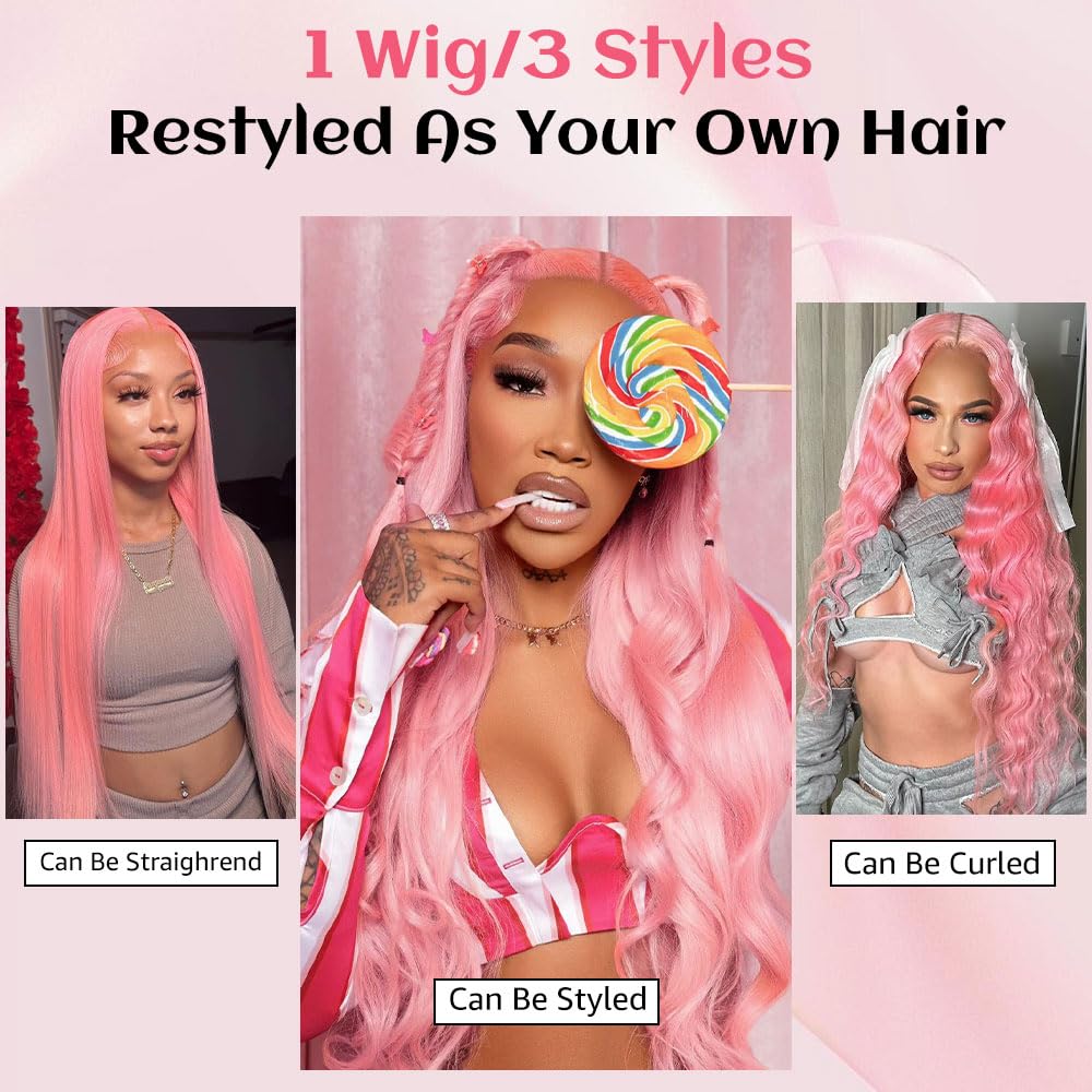 Pink Lace Front Wig Human Hair Body Wave 30 Inch Hot Pink 180% Density HD Transparent Lace Frontal Glueless for Women Natural Look Seamless Hairline Vibrant Style & Color