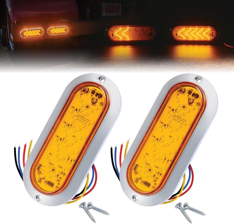 2 Pack 6 Inch Amber Oval Sequential ARROW 45LED Pointing Light 12V 24V DC Turn Signal Tail Indicator Marker Light with Chrome Bezel, Sealed Waterproof for Truck, Trailer, Dump Truck, Bus