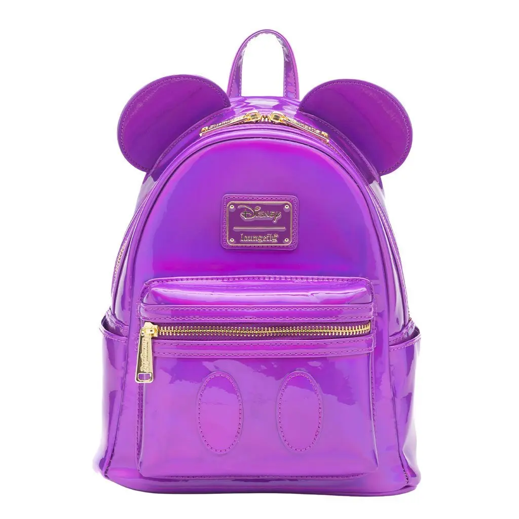 Loungefly Disney Mickey Mouse Holographic Amethyst Series Small Backpack Purse - Faux Leather Adjustable Daily PU Leather Casual Daypack with Applique Details, Portable Lightweight, Adjustable Backpack