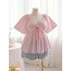 Plus Size Women's Solid Color Knotted Front Ruffle Hem Casual T-Shirt Fit Sleeve