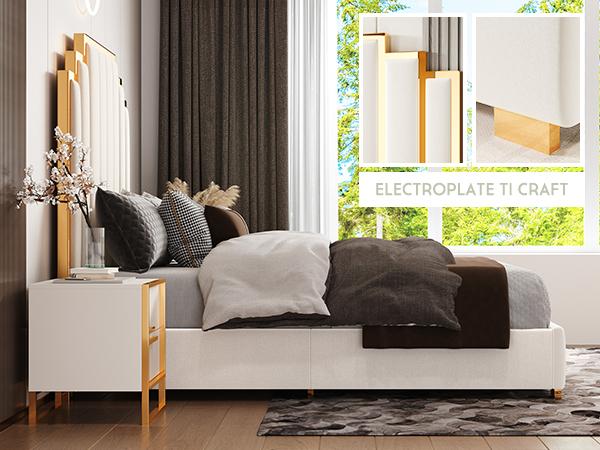 VanAcc Bed Frame and 65" Headboard, Upholstered Bed with Golden Plating Trim, Modern Platform Bed No Box Spring Needed/Christmas Gift