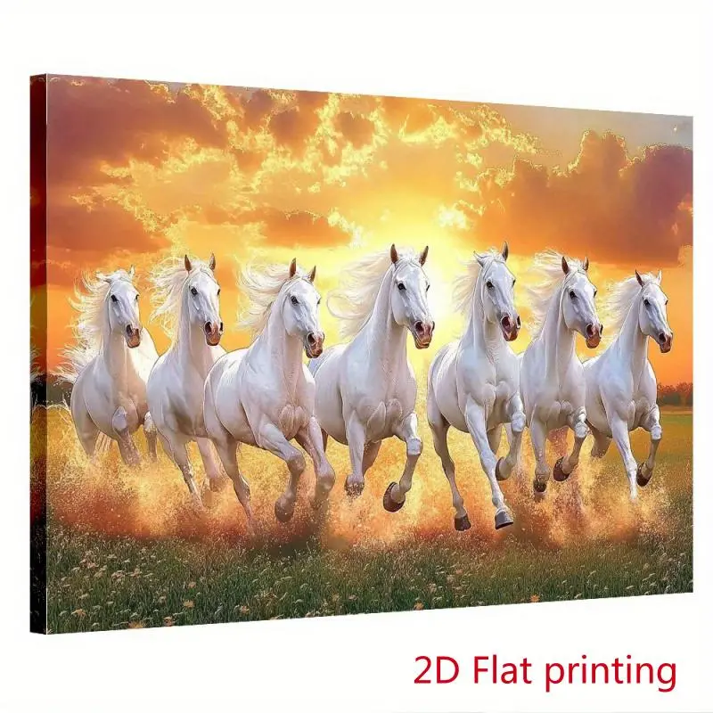 1pc Framed Canvas Wall Art Print - 7 Lucky White Horses Running Sunset Scene, Vibrant Colors, Dynamic Motion, Symbolizes Strong & Freedom, Unisex Horse Lover Gifts, Wood Frame for Living Room, Bedroom