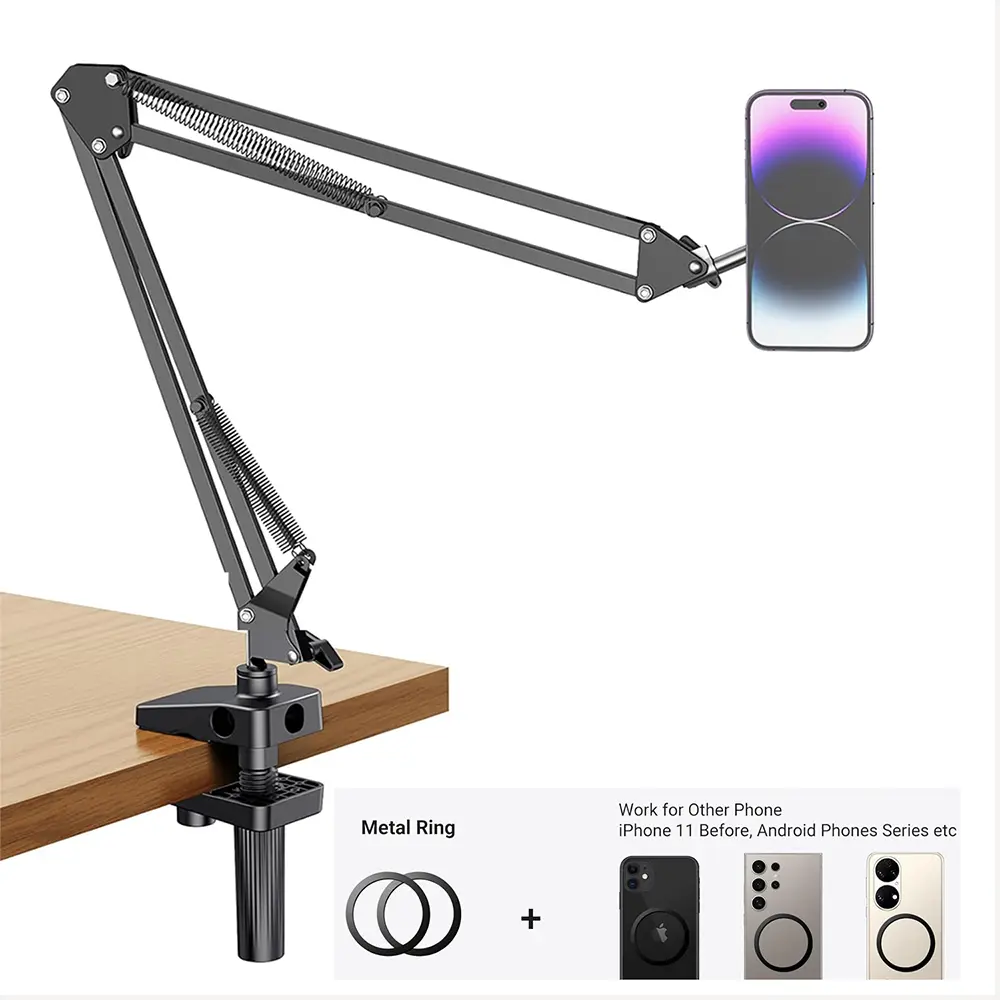 Magnetic Gooseneck Phone Holder with Metal Clamp - MagSafe-Compatible Bed/Desk Arm Mount, Magnetic Snap & Ring for iPhone 16-12, Kindle & Mobile Devices, Phone Holders & Mounts Accessory