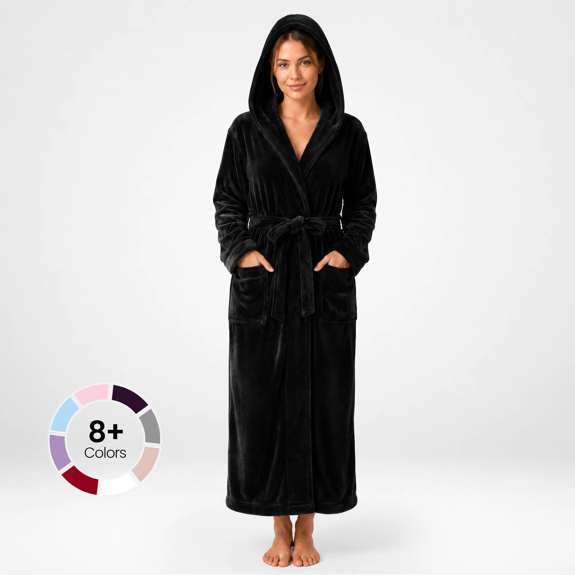 NY Threads Women's Basic Adjustable Fluffy Plush Flannel Fleece Bathrobe - Long Hooded Everyday Loungewear, Soft Nightwear with Pockets and Belt, Waist Belt And Front Pockets, Belted