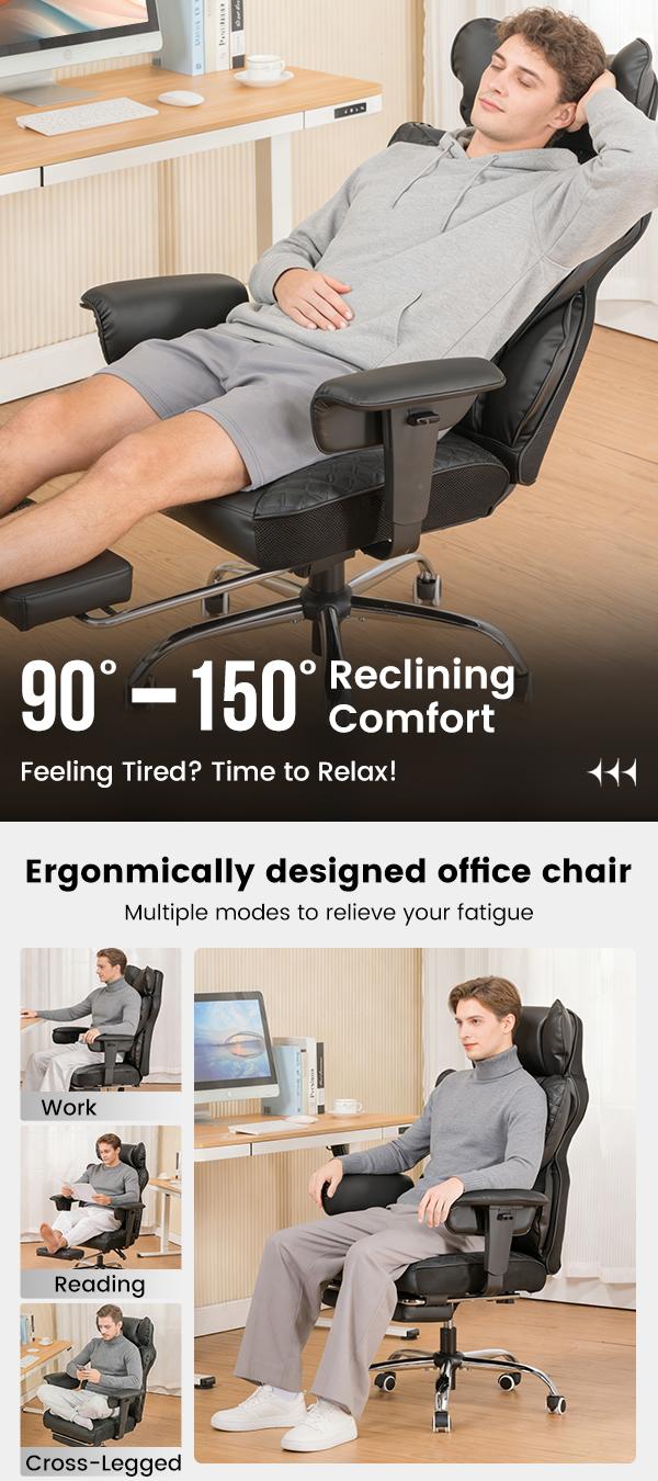 【2026 New Year Sale】COMHOMA Plus Size High-Back Office Chair, Leather Gaming Chair with Footstool Executive-Grade, Ergonomic Office Chair Featuring Pocket Spring Lumbar Support and Height-Adjustable Soft Armrests