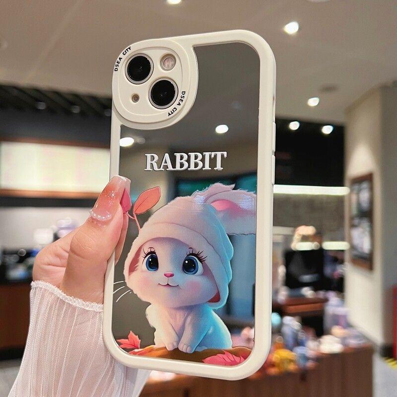 Cute bunny pattern phone case, suitable for iPhone 17/16/15/14/13/12/11 Pro Max Plus and Samsung models (S25, S24, S23, S22, S21, S20, A series), features a mirror back panel and shockproof soft silicone protection 995
