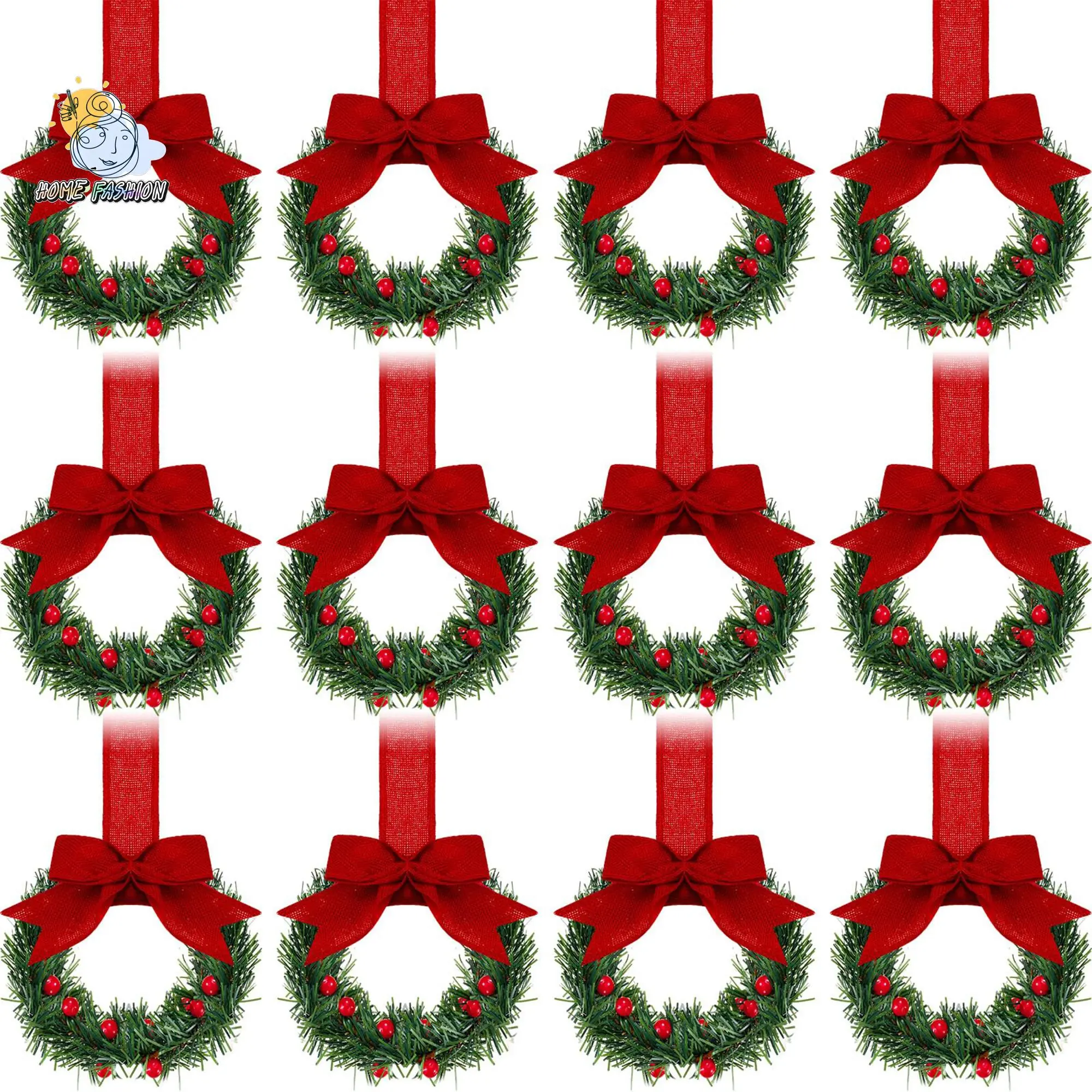 12 Multicolor Mix Plastic Unisex Christmas Mini Wreaths with Ribbon Bows, Berries - Wall Hanging, Window Sill Decorations, Doors, Garden, Kitchen Cabinet Festive Home Party Decor, Wall Decor