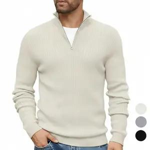 Men's Half-Zip Sweater, Solid Slim-Fit High-Neck Pullover, Lightweight Knit Polo Sweater, Three Solid Colors, Vintage Style Polyester