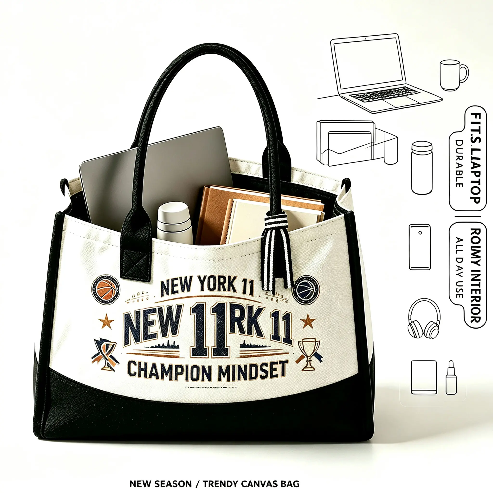 Women's Vintage New York Champion Graphic Canvas Tote Bag - Large Capacity 2-Tone Top Handle Handbag for Daily Work, Shopping (Home Organizer Storage Bag) -- foil, Daily Use Bags, Large Capacity Bag fabric