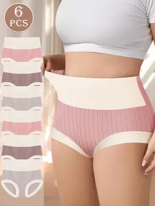 [6pcs Plus  Underwear] 6pcs Women's Plus  High-Waisted Triangle Underwear | Soft Mid-Stretch, Striped & Color-Block Design, Elegant Everyday Panties for All-Day Comfort bra women Big Size