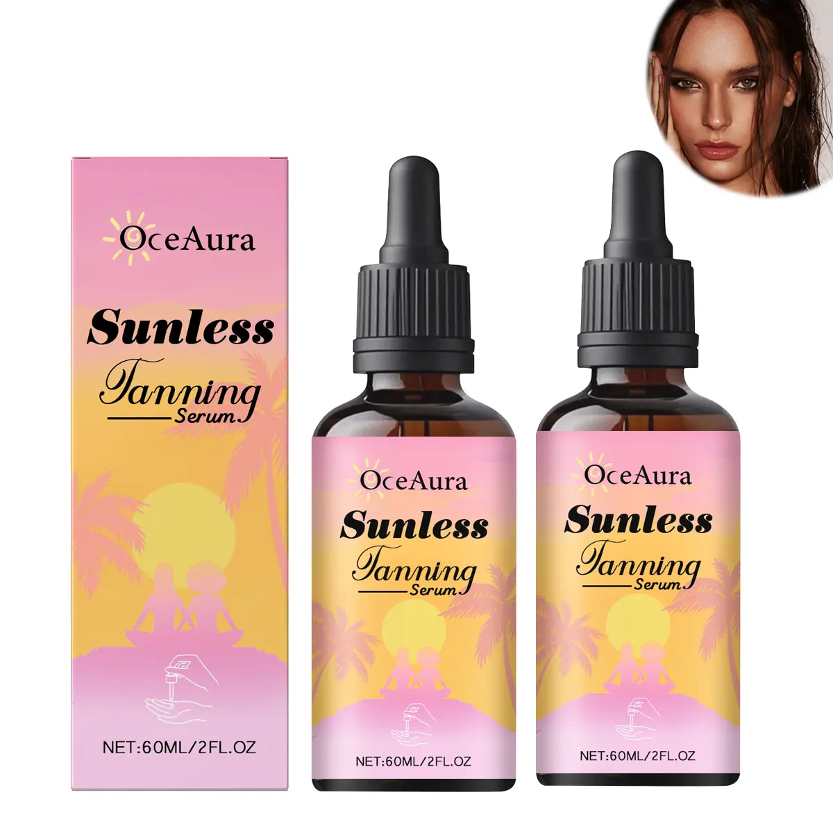 OceAura Sunless Tanning Drops, Self Tanner with Hyaluronic Acid for a Radiant Glow, Mix with Daily Moisturizer for Safe Bronzing, 60ml, Body Care, Flawless Sunless Tanning, Glycerin Base, Safely & Hydrated, 5-7 Days For Glow
