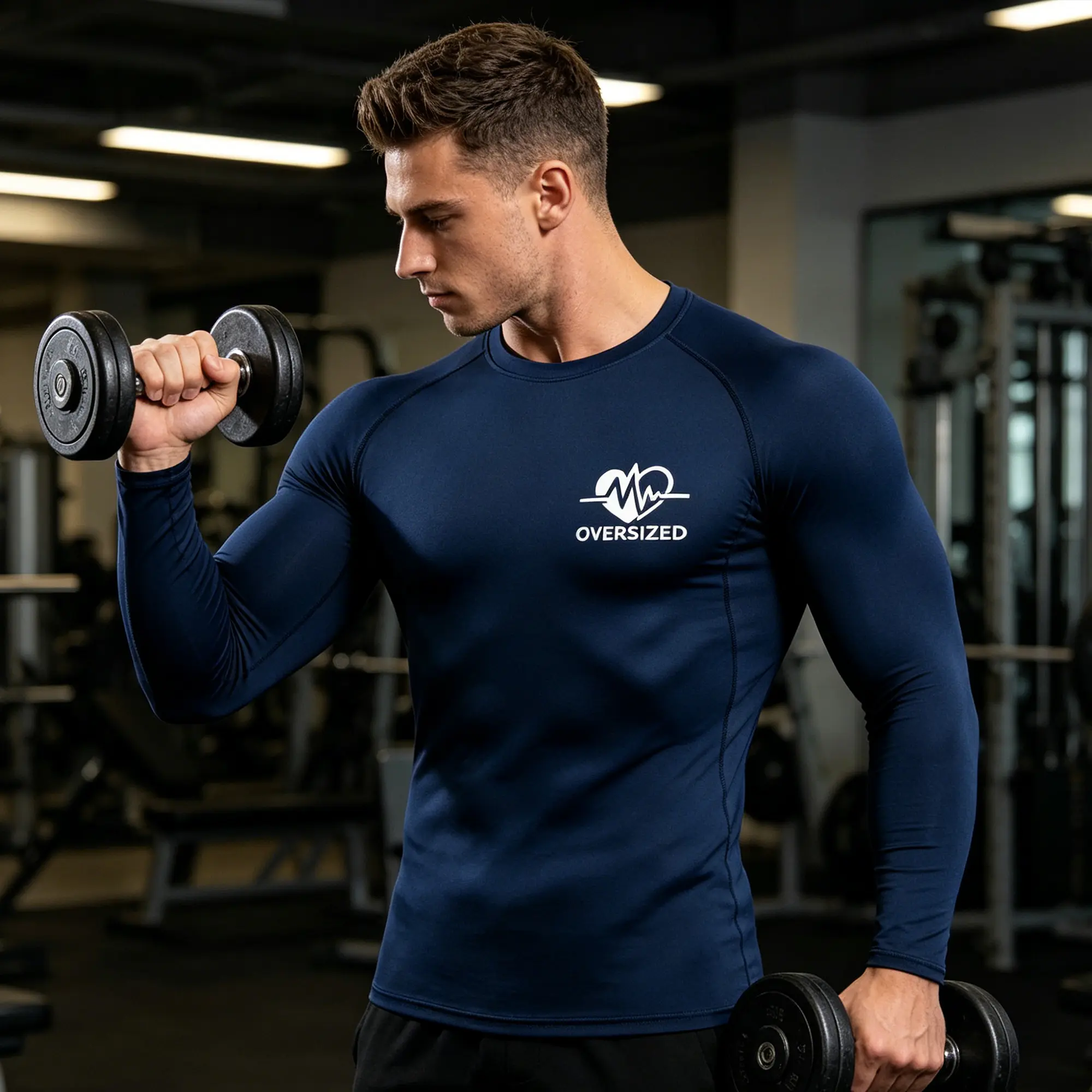Men's Fitted Long Sleeve Compression Shirt, Athletic Base Layer for Gym & Running with Heartbeat Logo & Muscle Support, S-XL, Polyester Clothes