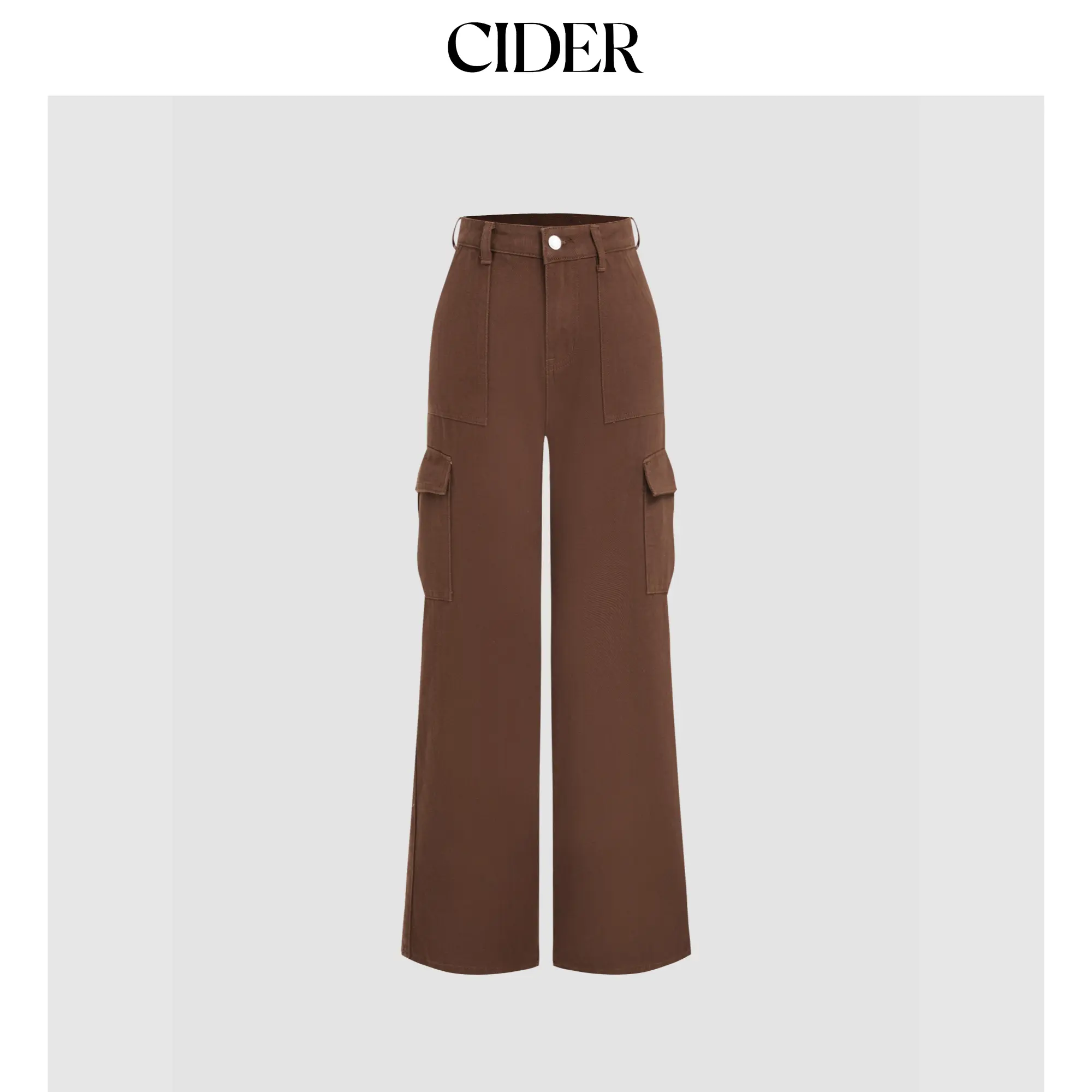Cider Women's Cargo Straight Leg Denim Trousers - Basic Full Length Utility Pants with Stretchy Elastic Waist, Seam Pockets, Casual Spring Daily Work Streetwear