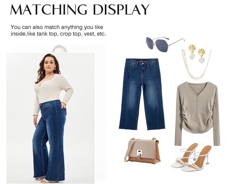 Eytino Women's Plus Size Wide Leg Jeans Elastic High Waist Stretchy Raw Hem Denim Pants with Pockets(1X-5X)