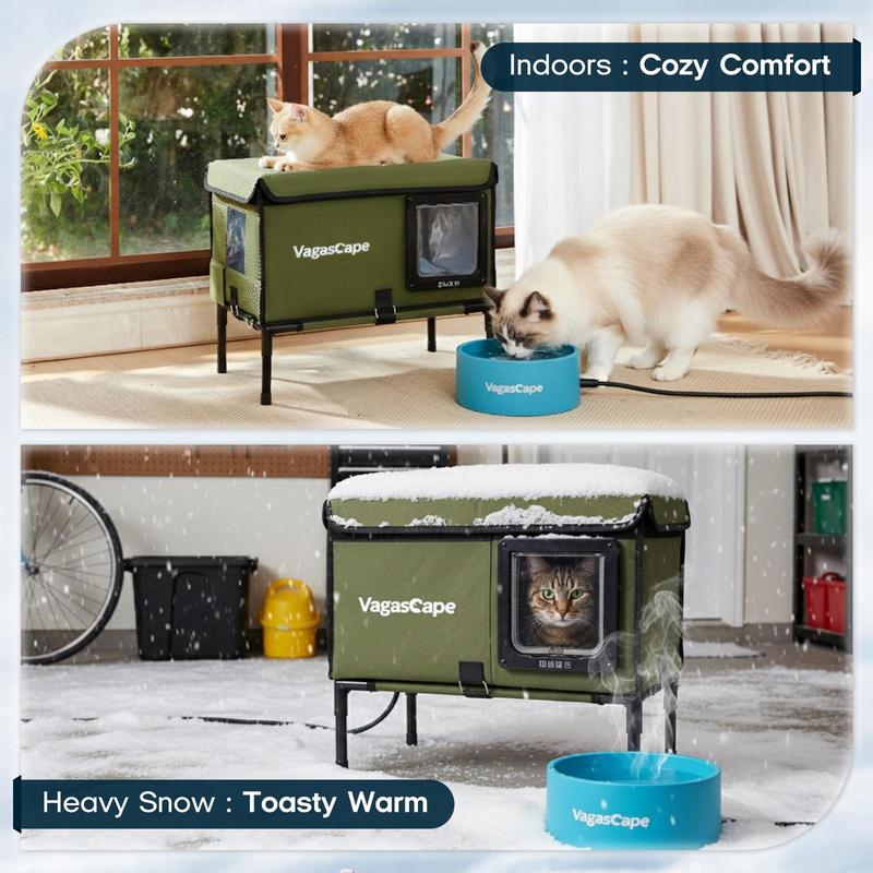 【Limited】Vagascape Heated Outdoor Cat House, Heated Bowl, Thermostat & Overheat Protection with Auto Shutoff, Warms in ~3s & Energy-Saving – Waterproof, Insulated & Elevated, 12mm Fiberglass Frame, Escape Door & Window, UL-Tested Heating Core