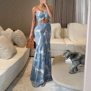 Formal Dress for Women, Tropical Print Off Shoulder Mermaid Gown with Ruched Hollow-Out Waist and Ruffled Hem