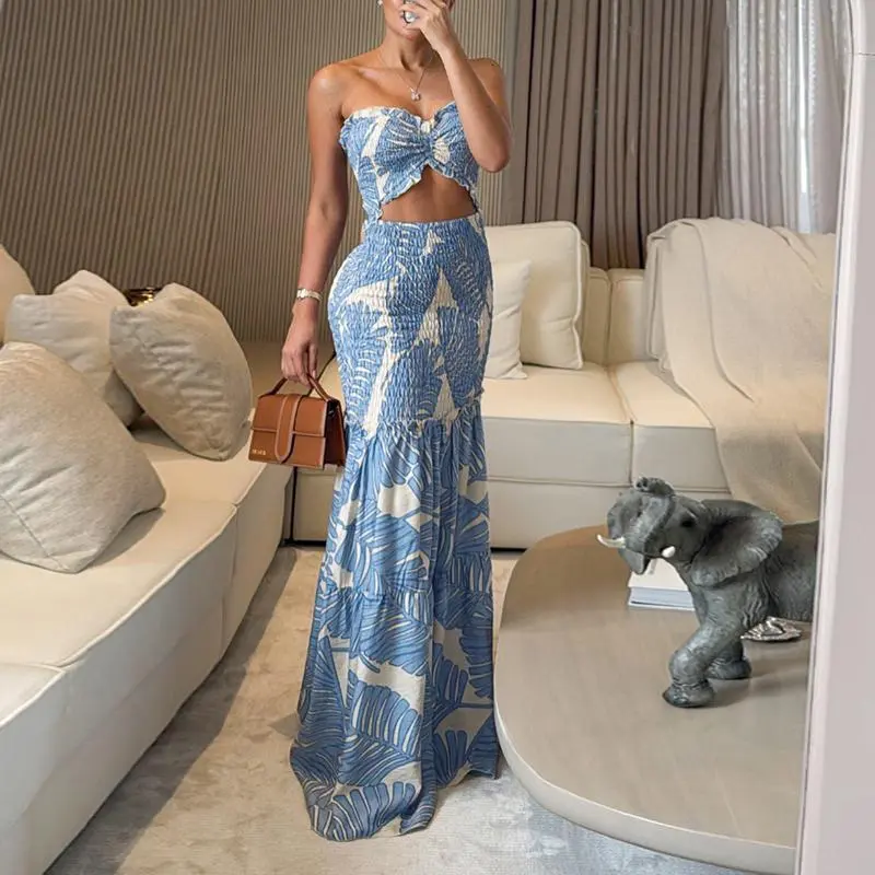 Women's Formal Wear Floral Tropical Print Sleeveless Off-Shoulder Mermaid Gown - Sexy Ruched Hollow-Out Waist, Ruffled Hem, Keyhole Back, Polyester, Slim-Fit, Elegant, Long, Machine Washable, No, Normal Type
