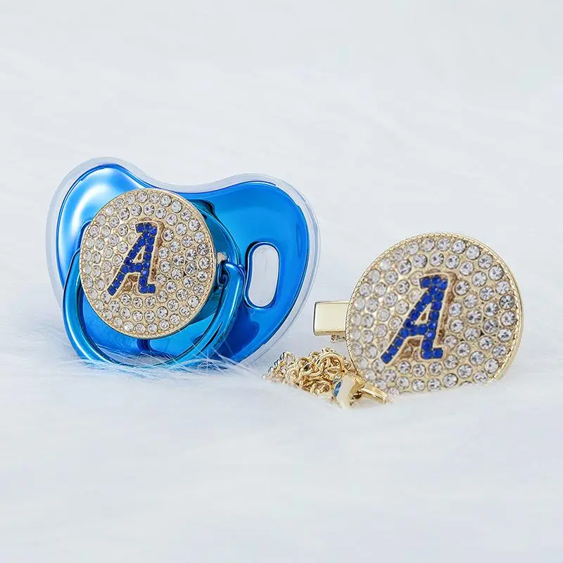 MIYOCAR Personalized 3D Initial Bling Pacifier – Custom Blue Letter Baby Pacifier with Rhinestones | Luxury Baby Gift, Keepsake