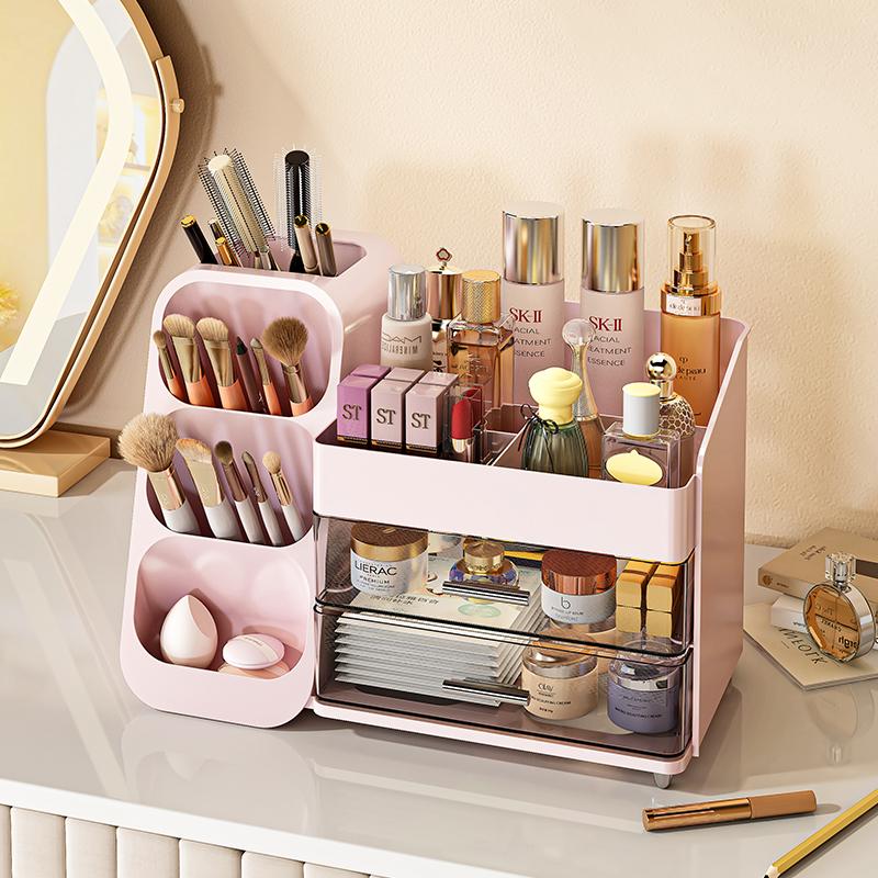 Large Capacity Elegant Makeup perfume Storage Organizer Box Multi-functional desktop Organizer bin for Brushes Lipstick Eyebrow Pencil Pocket Mirror Home Travel Portable Cosmetics Organizer with Drawers Accessory Clear Drawer Gift Jewelry Pink Slot Holder