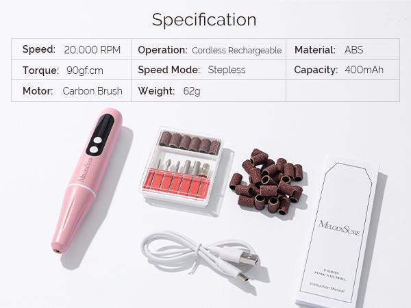 MelodySusie PC90G Rechargeable Nail Drill 20000RPM, Portable Electric Nail File with Sanding Kit for Manicure & Pedicure, Cordless Efiles for Acrylic Nails Lightweight Nail Care Tool for Home & Salon