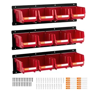 VEVOR Wall Mounted Storage Bins,  , 12 Plastic Bins & 3 Metal Rails, Plastic Hanging Stackable Storage Bin for Screws, Nuts, Bolts, Nails, Hardware Tool Organizer for Workshop, Craft Room, Garage, Red