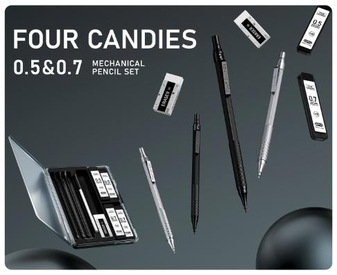 Four Candies 4PCS Metal Mechanical Pencils Set with Case, 0.5mm & 0.7 mm Artist Pencil with 8 Tubes (480PCS) HB Lead Refills, 3 Erasers,9 Eraser Refills For Writing Drafting, Drawing, Black&Sliver