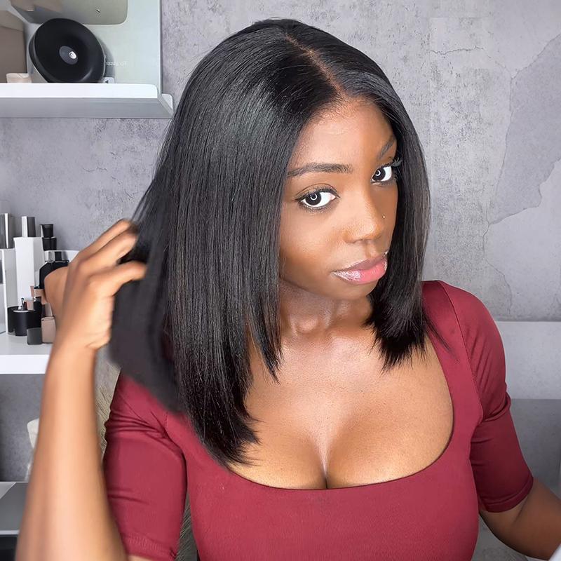 Pizazz Hair Glueless Layered Cut Yaki Straight Short Bob Wig with Drawstring 220% Density Pre-cut 5x5 HD Lace Human Hair Wigs with Bleached Knots Pre Plucked Natural Hairline