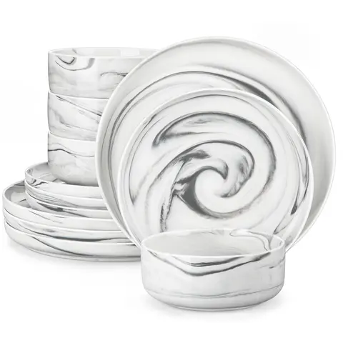 MALACASA LUNA Series Sturdy Porcelain Tableware Set - 12/18-Piece Minimalist Plate, Bowl & Cutlery Dish Sets, 26oz Capacity, Chip-Resistant, Space-Saving, Stain-Resistant, Lead-Free Glaze, Microwave-Safe, Odor-Free for Adult Everyday Use (Service for 4/6)