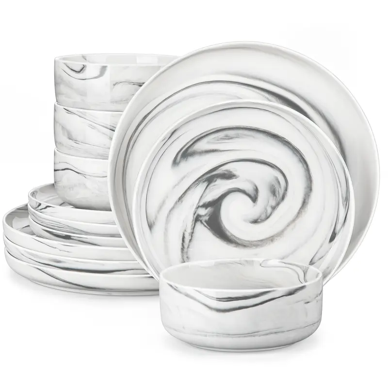 MALACASA LUNA Series Sturdy Porcelain Tableware Set - 12/18-Piece Minimalist Plate, Bowl & Cutlery Dish Sets, 26oz Capacity, Chip-Resistant, Space-Saving, Stain-Resistant, Lead-Free Glaze, Microwave-Safe, Odor-Free for Adult Everyday Use (Service for 4/6)