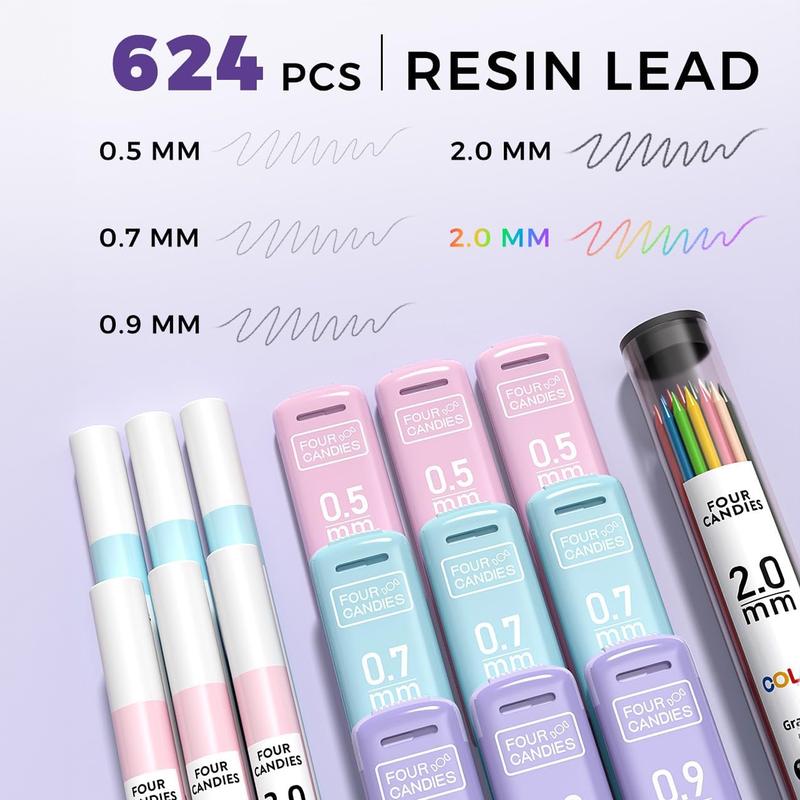 Four Candies 36PCS Aesthetic School Supplies, Mechanical Pencils 0.5mm, 0.7mm, 0.9mm & 2.0mm with 624PCS Lead Refills, Cute Mechanical Pencils for Writing, Drawing & Drafting，girly office supplies, Student Essentials, school supplies art work
