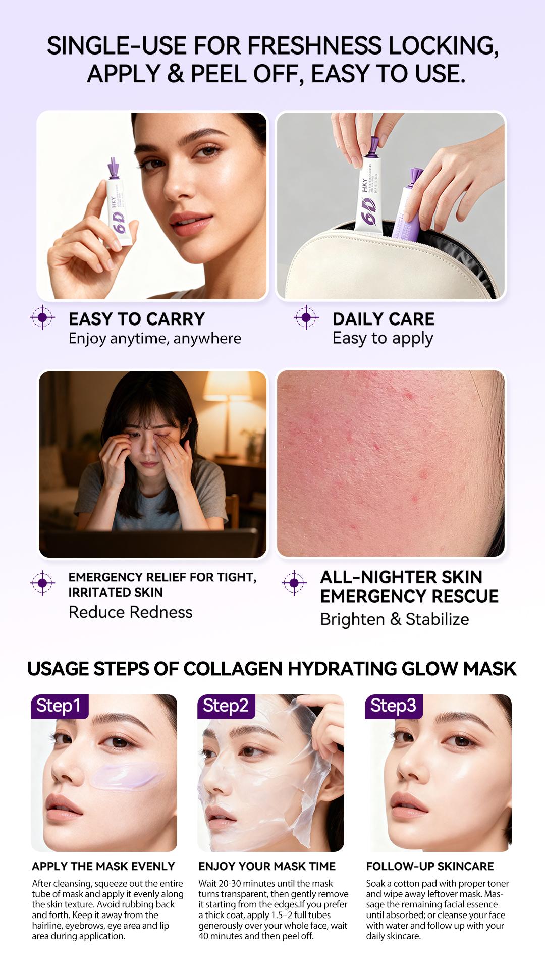 HKY 6D Collagen Wrapping Peel Off Face Mask, PDRN & Peptides Deep Hydrating Treatment for Glass Skin Glow. Anti-Aging Purple Firming Facial Skincare for Pore Refining & Wrinkle Care. Satisfying Peeling Moisture Pack, Premium Korean Beauty Formula (10 Pcs)