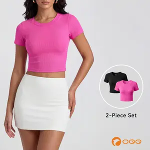 OQQ-Nine cents　Women's Basic Ribbed Crop Top | Slim-Fit Short-Sleeve Summer Tee