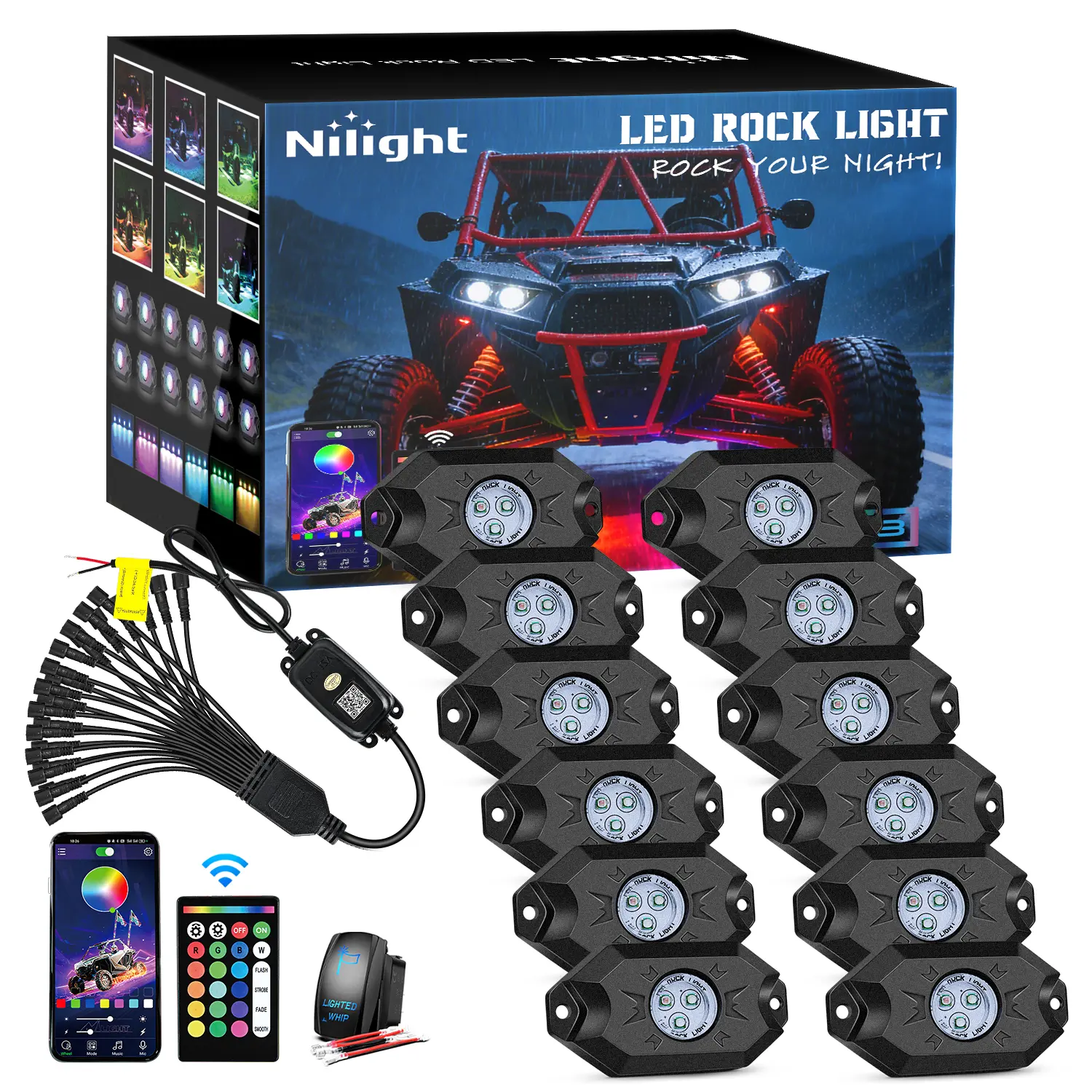 Nilight RGB LED Rock Lights Kit, 12-Pod Underglow Multicolor Neon Pods with Remote & Bluetooth App Control, DIY Flashing Modes, Music Mode, Wheel Well Light, Automotive Accessory for Trucks ATVs SUVs, Led Lights Car
