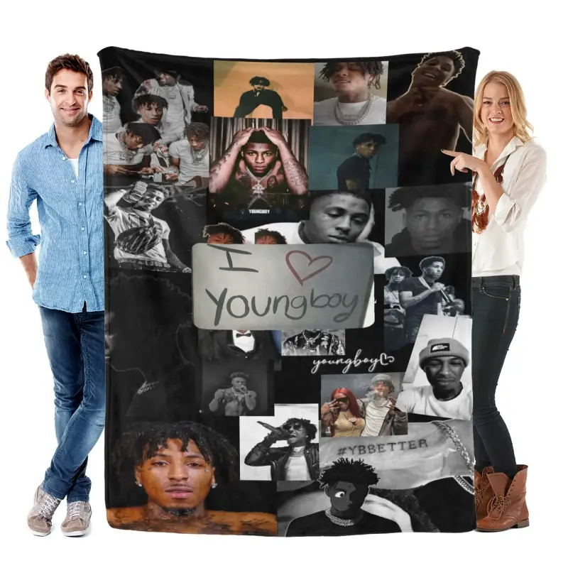YoungBoy Collage Flannel Blanket, Black Backdrop with Artist Portraits & YBBETTER Branding Soft Throw for Hip-Hop Fans, Festive Christmas Birthday Gift Idea Bedroom Decor Fleece Cover