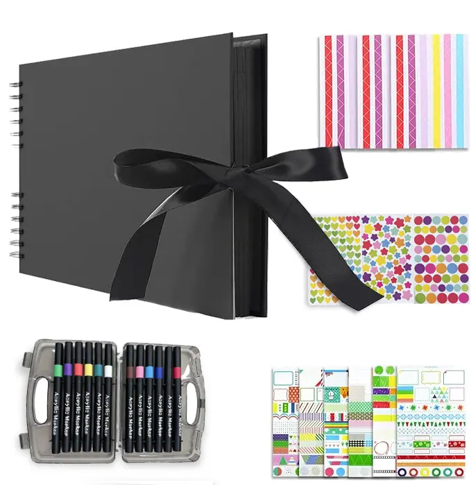 DIY Scrapbook Album Kit with Black Pages, Ribbon Tie Photo Album with Markers, Stickers and Decorative Paper, Personalized Memory Book for Couples, Anniversary, Wedding, Graduation and Travel
