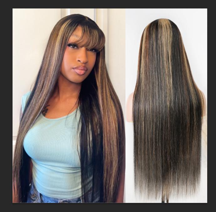 [30” Only $109.99] Menglle Hair Honey Blonde highlight 13x4 Long Straight With Bangs Glueless Human Hair Lace Front Wig Burgundy Silky Straight Lace Wig Easy Wear 180% Density#greenish#TikTokShopSpringGlowUp