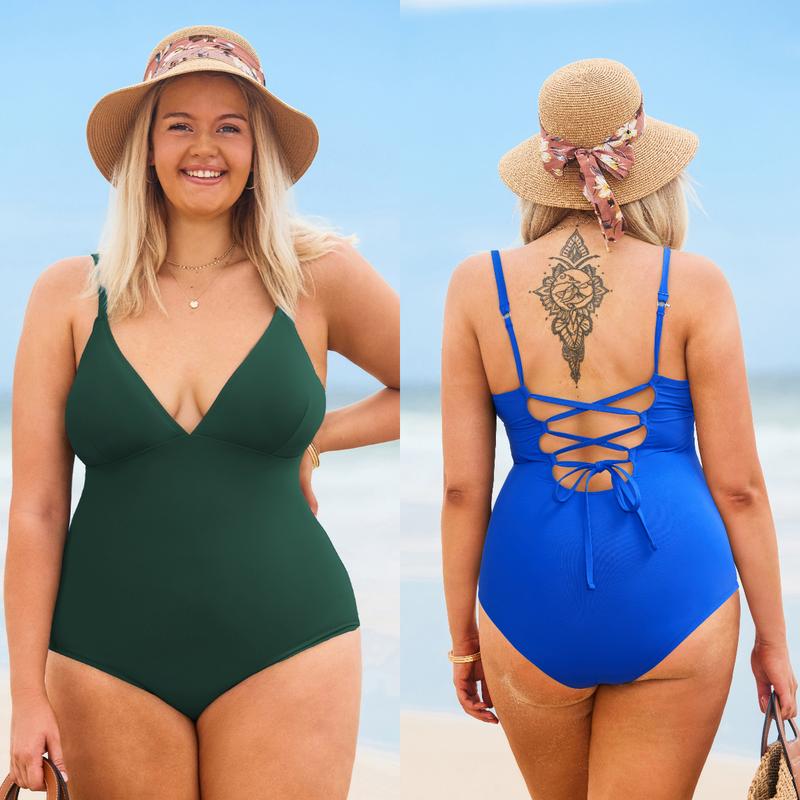 CUPSHE One Piece Swimsuit: Plunging V Neck Sculpting Tummy Control Bathing Suit with Adjustable Lace-Up Back (Size XS-3XL)