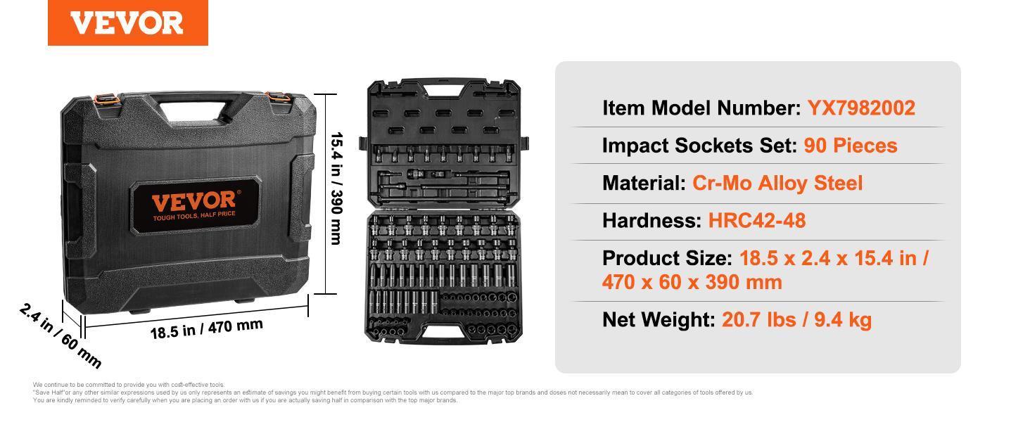 VEVOR 6-Point Cr-Mo Alloy Steel Drive Socket Wrenches Full Kit, Hex Drives Car Repair Tools with Extension Bars, Universal Joint Adapter, Laser Etched Lock Storage Case Tool Box, Impact Socket Set