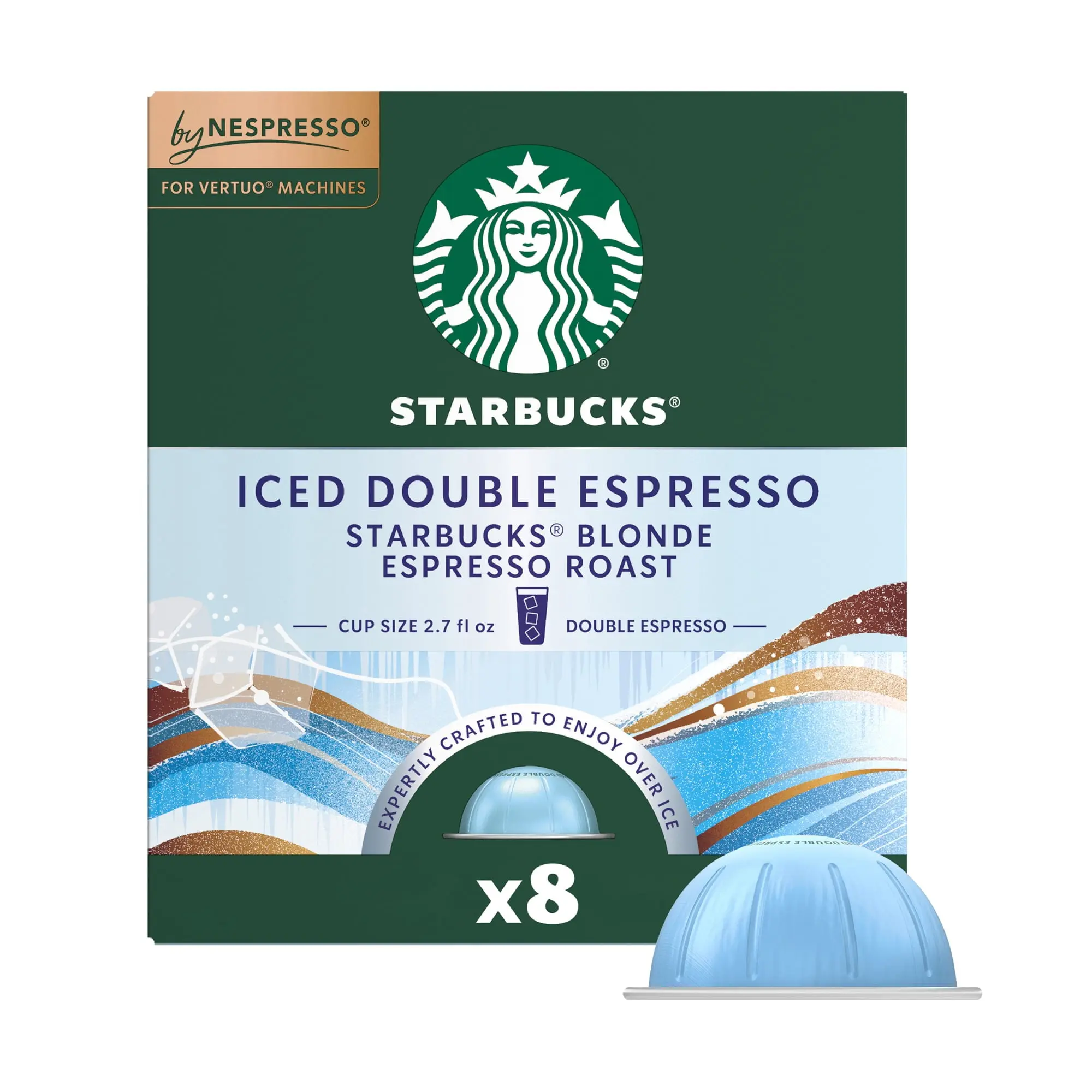 Starbucks by Nespresso Vertuo Iced Double Espresso Blonde Roast Coffee Capsules - 8 Count, 100% Arabica, Sugar Free, Vegetarian, Low Calories, Cholesterol Free, Recyclable Packaging, 12-Month Shelf Life Adult Beverage, Adults, 2.82 Oz (80G)