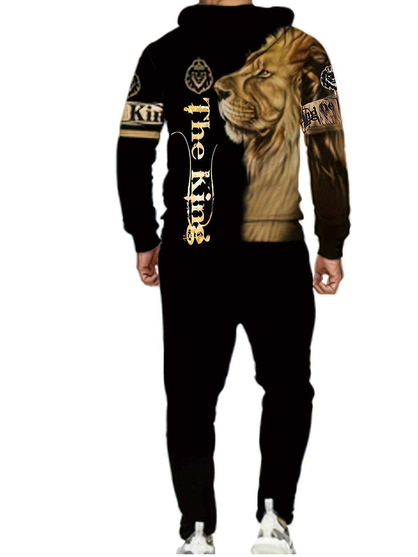 European and American Trendy Lion Print Hooded Sweatshirt Set Men's Street Style Loose Fit Sports Two-Piece Set