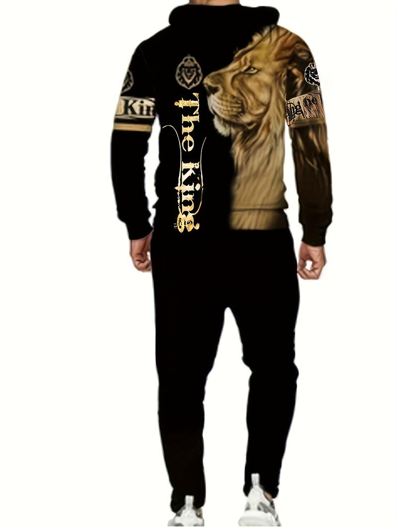 European and American Trendy Lion Print Hooded Sweatshirt Set Men's Street Style Loose Fit Sports Two-Piece Set