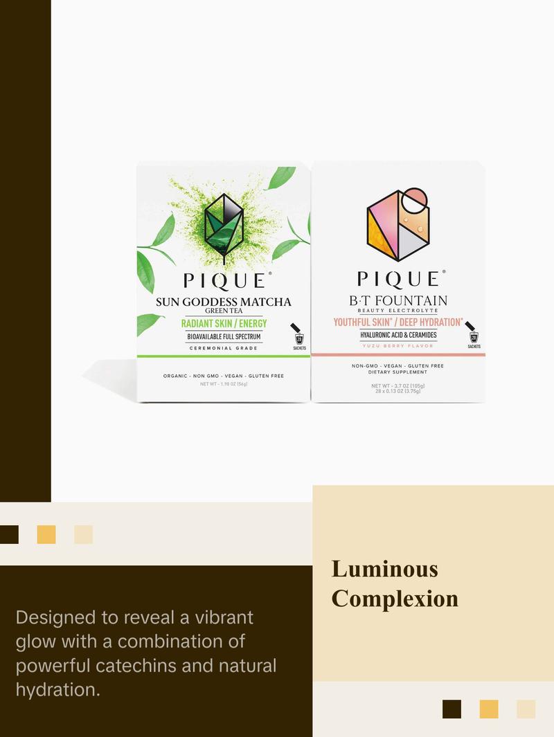 Pique Life Radiant Skin Duo Protocol - 28 Servings of B•T Fountain (1 carton) PLUS 28 Servings of Sun Goddess Matcha (1 carton)
