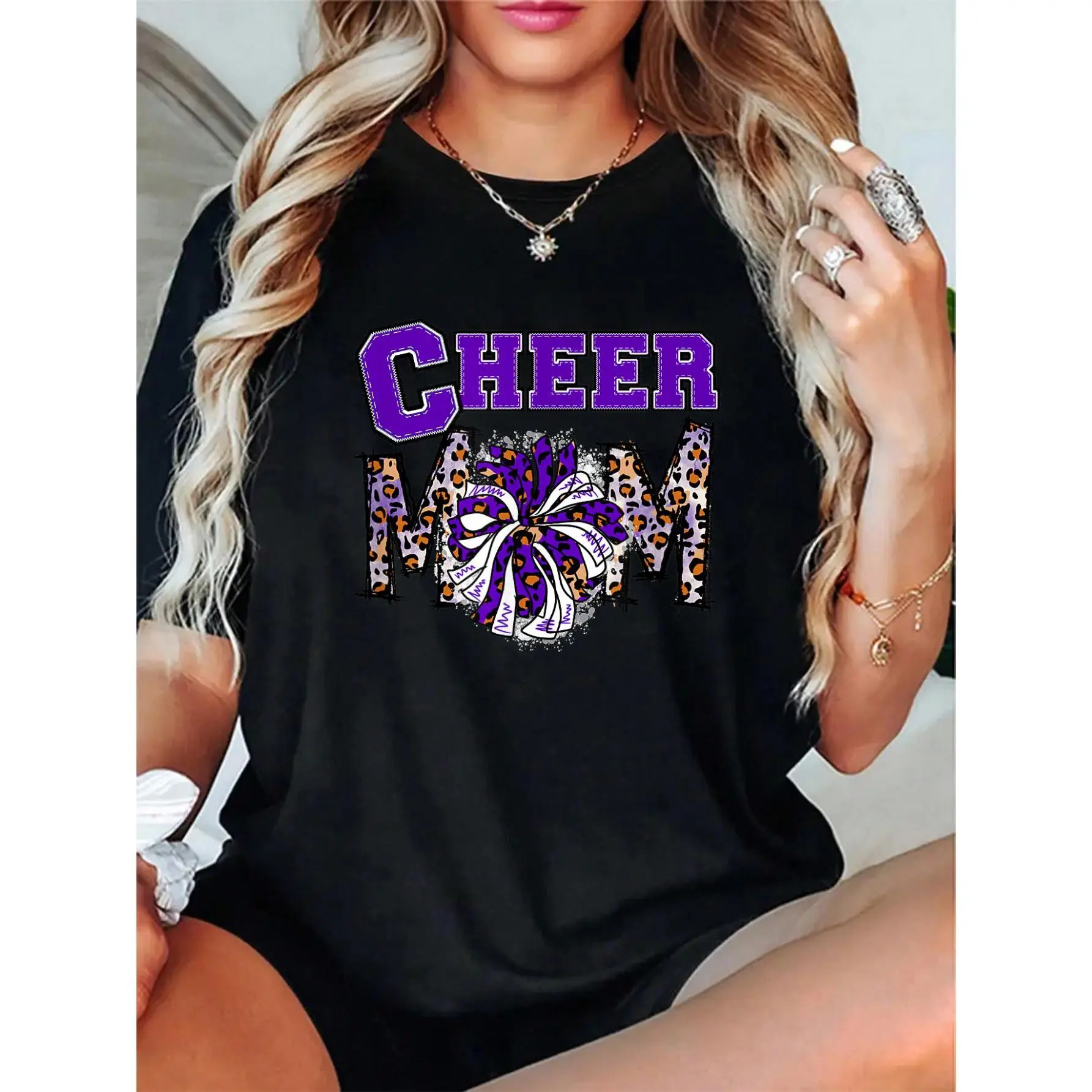Women's Cheer Mom Cute T-Shirt - 100% Cotton Soft Relaxed Fit Short Sleeves Digital Print Leopard Graphic Tee, Breathable Casual Everyday Top, Tshirt