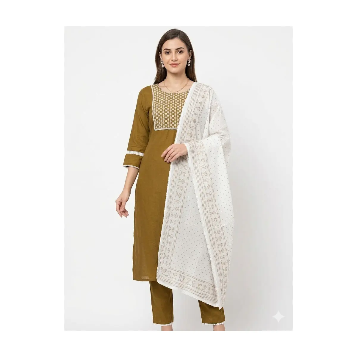 #3PS-17 Elegant Mustard Brown Salwar Kameez Set with White Dupatta