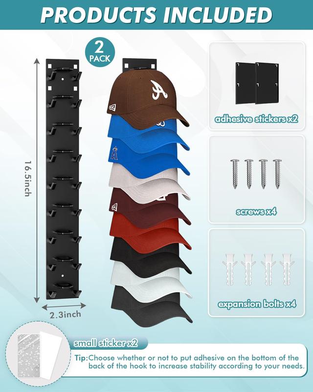 Baseball Cap Organizer 2-Pack Wall-Mounted Hat Rack Hook Holds Up to 18 Hats Multi-Layer Storage Adjustable Self-Adhesive or Screw Installation Valentine Gift  valentines gift for bf home