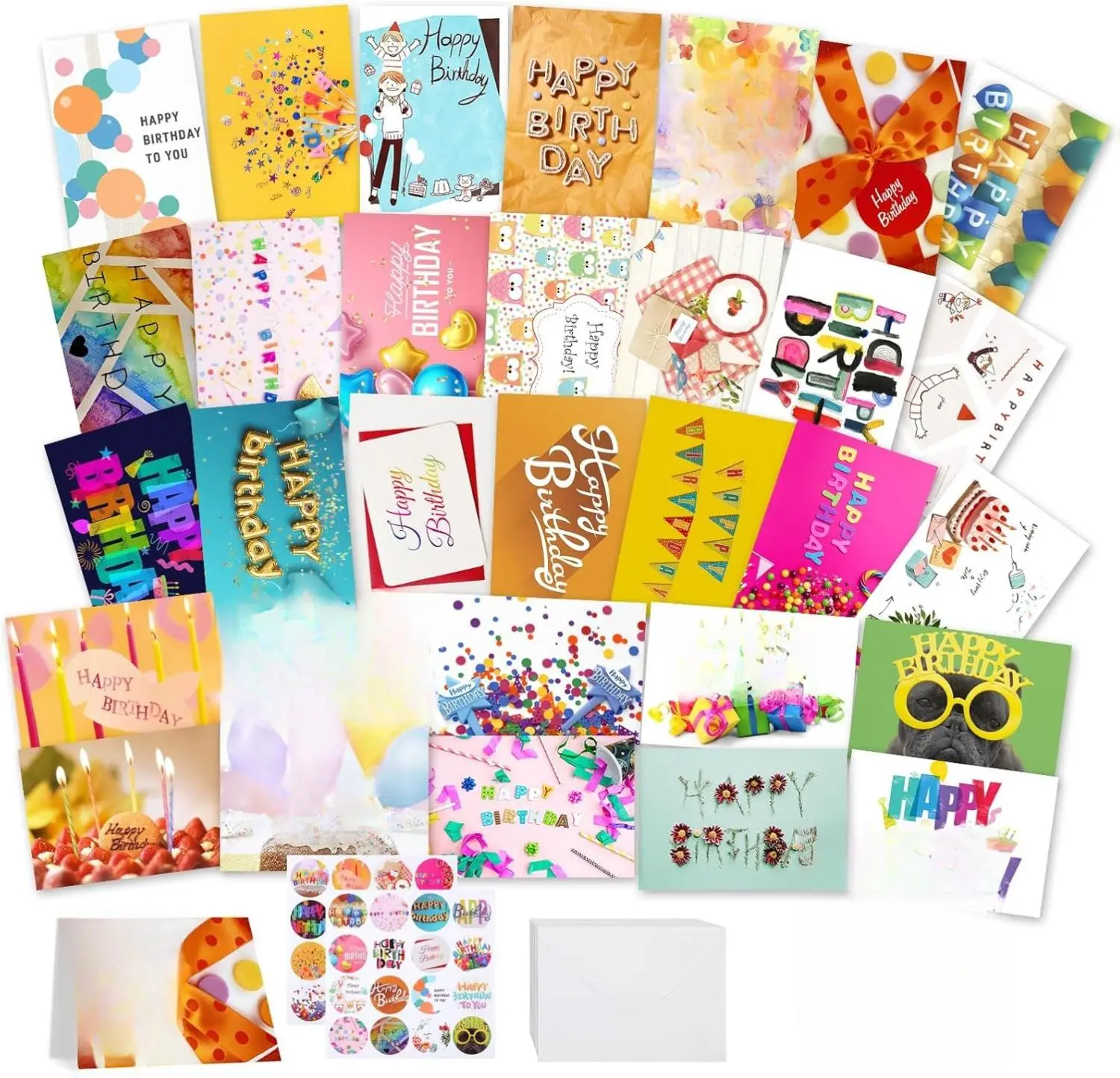 32 PCS Birthday-Themed Pre-Printed Greeting Cards Bulk with Envelopes, 4x6 Assorted Greeting Cards Assortment for Office Stationery Supplies, Birthday-Themed Greeting Cards
