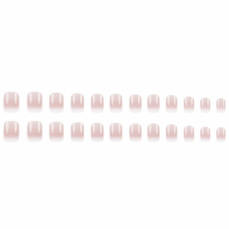 Short Square Press on Nails French Fake Nails Ombre Acrylic Nails Press on Full Cover Glossy Glue on Nails Artificial Stick on Nail for Women Manicure Decoration 24PCS