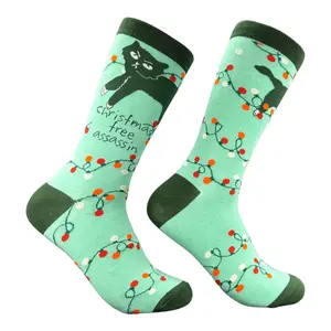 Women's Christmas Tree Assassin Socks Funny Sarcastic Xmas Graphic Novelty Cat Footwear For Ladies Funny Graphic Socks Comfortable Fitted Spandex Cotton