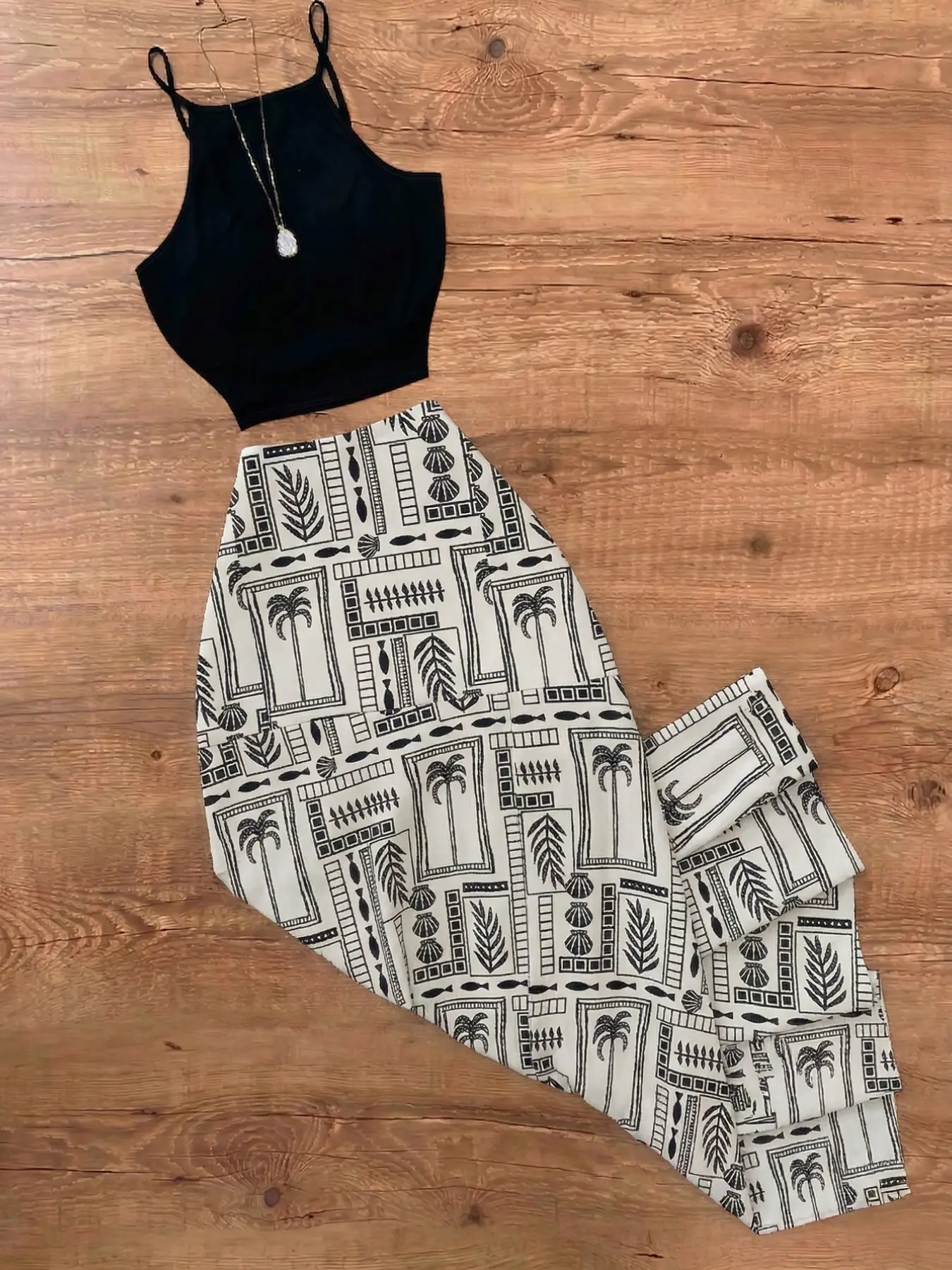 European Style Tight Sleeveless Camisole and Geometric Plant Print Midi Skirt Set, Suitable for Summer Casual Wear, Beach Vacation and Daily Dating, Streetwear, Spaghetti Strap