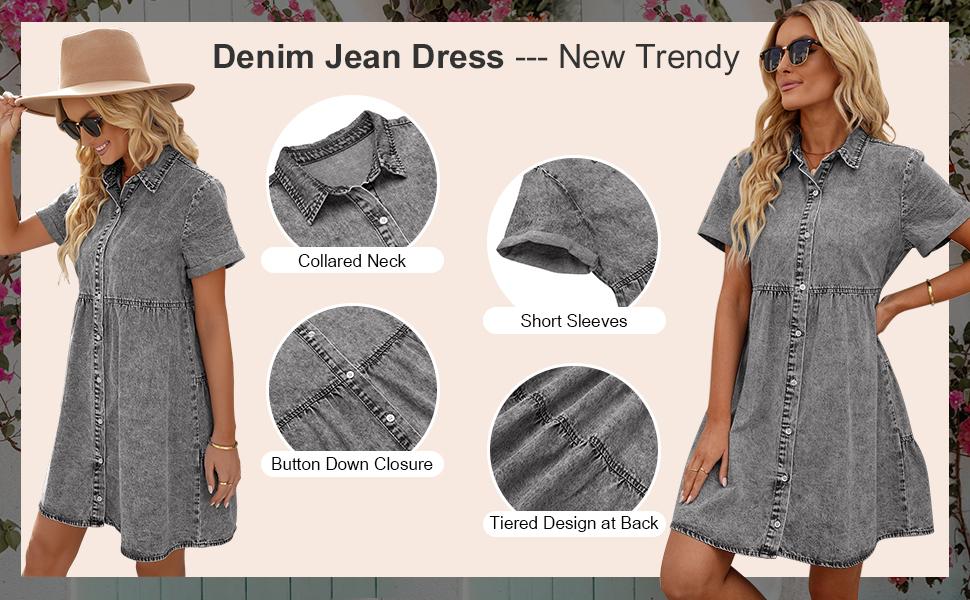 GRAPENT Denim Dress for Women Babydoll Tiered Short Sleeve Button Down Jean Shirt Dresses SpringStatements